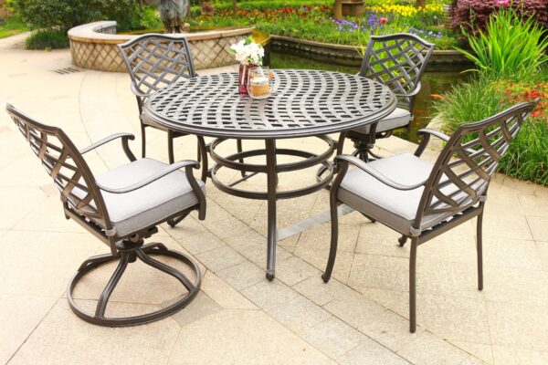 Round 4 Person 49" Long Aluminum Dining Set With Sunbrella Cushions With Swivel And Rocking Chairs - Brown Gray