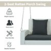 2 Person Wicker Hanging Porch Swing With Chains, Cushion, Pillow, Rattan Swing Bench For Garden, Backyard - White / Gray - Image 9
