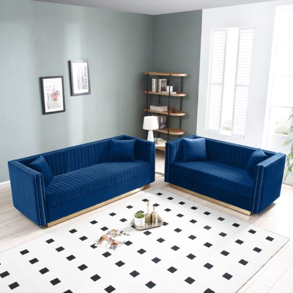 Contemporary Vertical Channel Tufted Velvet Sofa Loveseat Upholstered 2 Pieces Set With 4 Pillows - Blue