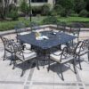 Square 8 Person 64" Long Aluminum Dining Set With Sunbrella Cushions - Gray / Ivory - Image 2