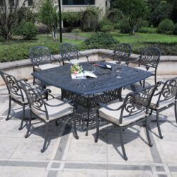 Square 8 Person 64" Long Aluminum Dining Set With Sunbrella Cushions - Gray / Ivory