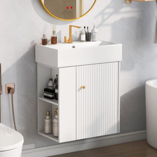 Modern Floating Bathroom Vanity With Ceramic Basin Perfect For Small Bathrooms, Left Side Storage - White