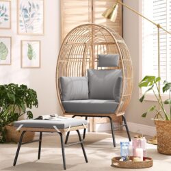Outdoor Garden Wicker Egg Chair And Footstool Patio Chaise, With Cushions, Outdoor Indoor Basket Chair - Blue / Neutral
