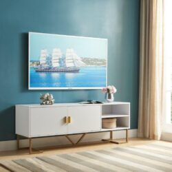 TV Stand Two Door Cabinet With Two Open Shelves With Metal Legs - White / Gold