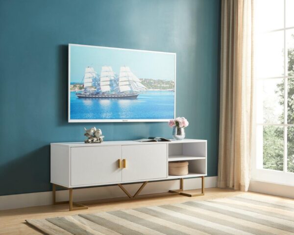 TV Stand Two Door Cabinet With Two Open Shelves With Metal Legs - White / Gold