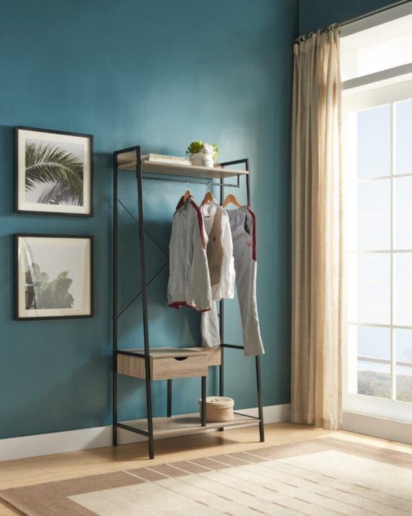Metal Clothes Rack Open Wardrobe Free Standing With One Drawer Hanging Clothes Rod - Brown / Black Metal