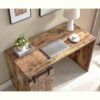 Home Office Desk One Cabinet Three Shelves Faux Barn Door On Metal Euro Hinges Modesty Panel - Distressed Wood - Image 2