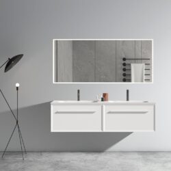 U052-Nevia60W-206 Nevia Bathroom Vanity With Automatic LED Drawer Light, Wall Mounted Bathroom Vanity With Integrated Solid Surface Sink, Without Drain - Snow White