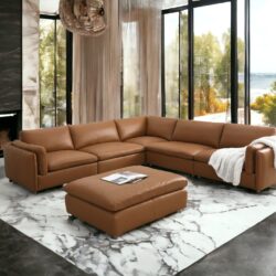 Brighton - Top Grain Leather 6 Pieces Modular Sectional With 1 Ottoman - Brown