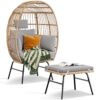 Outdoor Garden Wicker Egg Chair And Footstool Patio Chaise, With Cushions, Outdoor Indoor Basket Chair - Blue / Neutral - Image 5