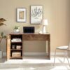 Home Office Desk One Cabinet Three Shelves Faux Barn Door On Metal Euro Hinges Modesty Panel - Distressed Wood - Image 4