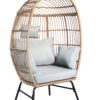 Outdoor Garden Wicker Egg Chair And Footstool Patio Chaise, With Cushions, Outdoor Indoor Basket Chair - Blue / Neutral - Image 6
