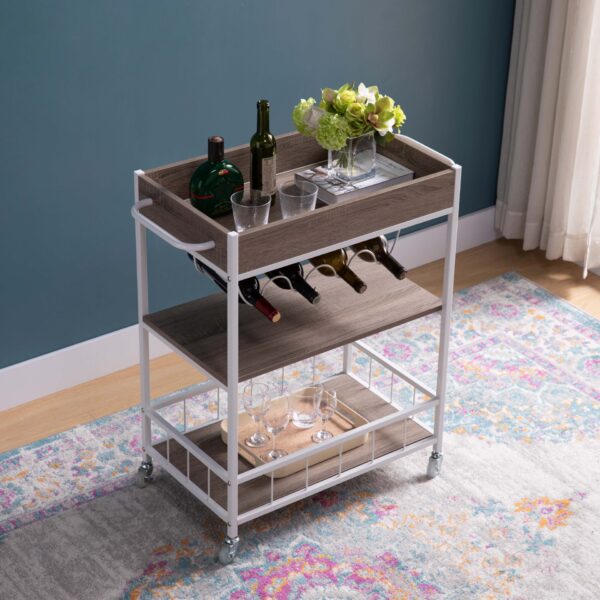 Rolling Kitchen Cart With Three Tier Storage And Four Wine Bottle Rack - Brown / White Metal