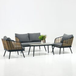 4 Pieces Patio Furniture Set, PE Rattan Wicker With Washable Cushion And Tempered Glass Tabletop, Conversation Furniture For Garden Poolside Balcony - Black / Natural