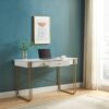 Computer Desk Writing Desk With One Drawer Metal Legs And USB Outlet Port - White / Gold - Image 2