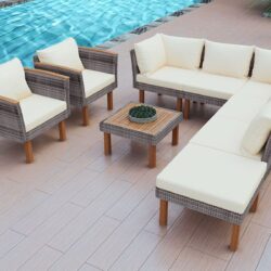 9 Piece Patio Rattan Furniture Set, Outdoor Conversation Set With Acacia Wood Legs And Tabletop, PE Rattan Sectional Sofa Set With Coffee Table, Washable Cushion - Beige
