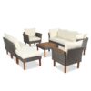 9 Piece Patio Rattan Furniture Set, Outdoor Conversation Set With Acacia Wood Legs And Tabletop, PE Rattan Sectional Sofa Set With Coffee Table, Washable Cushion - Beige - Image 5