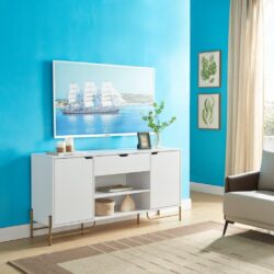 Buffet With Two Cabinets One Drawer With Six Shelves On Metal Legs - White / Gold