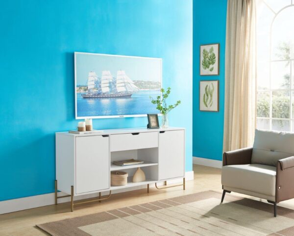 Buffet With Two Cabinets One Drawer With Six Shelves On Metal Legs - White / Gold