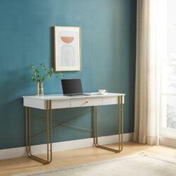 Computer Desk Writing Desk With One Drawer Metal Legs And USB Outlet Port - White / Gold