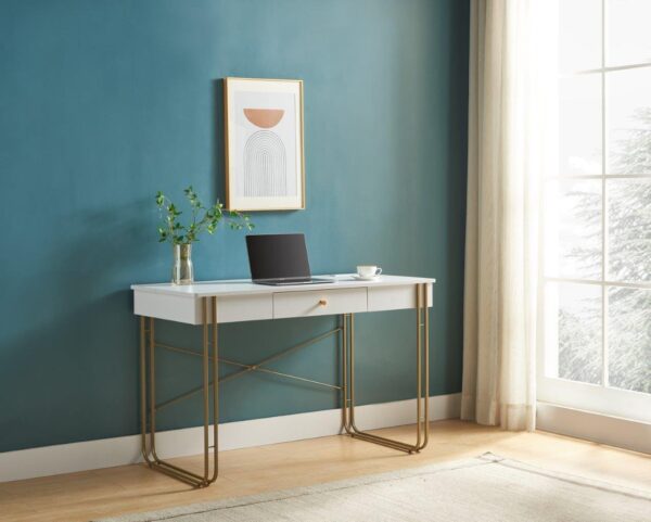 Computer Desk Writing Desk With One Drawer Metal Legs And USB Outlet Port - White / Gold