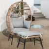 Outdoor Garden Wicker Egg Chair And Footstool Patio Chaise, With Cushions, Outdoor Indoor Basket Chair - Blue / Neutral - Image 3