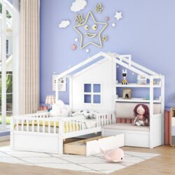 Twin Size House Bed With Sofa, Kids Platform Bed With 2 Drawers And Storage Shelf - White