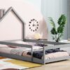 Twin Size Wood Bed With House-Shaped Headboard Floor Bed With Fences - Gray - Image 6