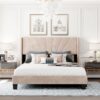 Queen Size Upholstered Platform Bed, Box Spring Needed - Beige - Image 11