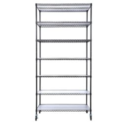 7 Tier Metal Shelf Wire Shelving Unit, 2450Lbs Heavy Duty Adjustable Storage Rack With Wheels & Shelf Liners For Closet Kitchen Garage Basement Commercial Shelving - Black