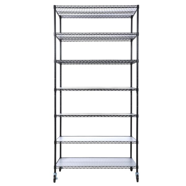 7 Tier Metal Shelf Wire Shelving Unit, 2450Lbs Heavy Duty Adjustable Storage Rack With Wheels & Shelf Liners For Closet Kitchen Garage Basement Commercial Shelving - Black