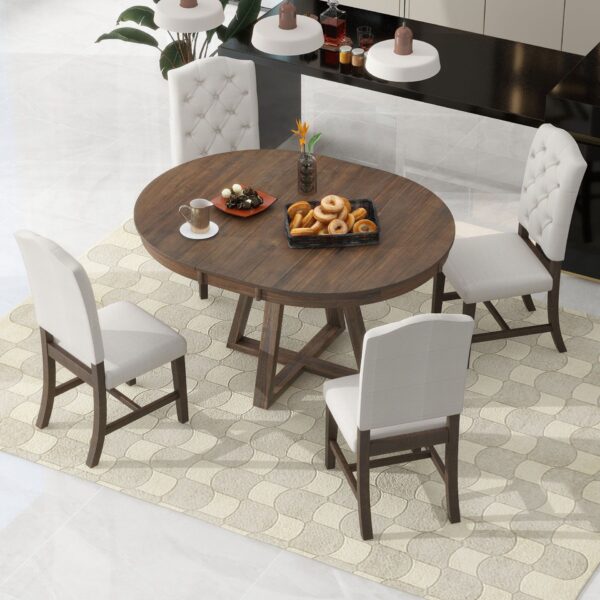 5 Piece Retro Functional Dining Set, Round Table With Leaf And 4 Upholstered Chairs For Dining Room And Living Room - Walnut