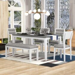 6 Piece Dining Set Classic And Traditional Style, Includes Dining Table, 4 Upholstered Chairs & Bench - White / Gray