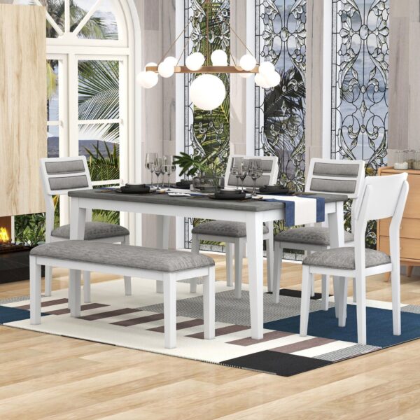 6 Piece Dining Set Classic And Traditional Style, Includes Dining Table, 4 Upholstered Chairs & Bench - White / Gray