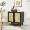 Side Panel Buffet Cabinet With Natural Rattan Door, Rattan Storage Cabinet With Adjustable Shelves, Side Panel And Buffet With Storage Space, Modern Console Cabinet In Bedroom And Living Room - Black / Beige - Image 4
