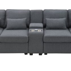 Upholstered Sofa With Console, 2 Cupholders And 2 USB Ports Wired Or Wirelessly Charged, Modern Linen Fabric Couches With 4 Pillows (4 Seat) - Dark Gray