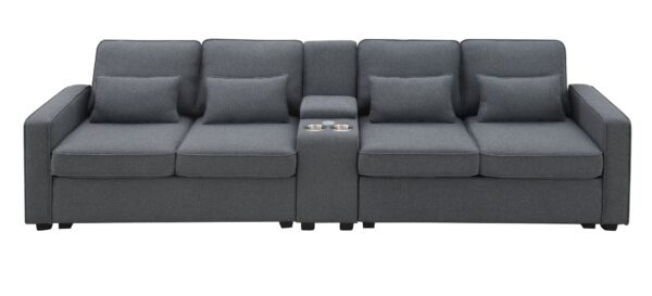 Upholstered Sofa With Console, 2 Cupholders And 2 USB Ports Wired Or Wirelessly Charged, Modern Linen Fabric Couches With 4 Pillows (4 Seat) - Dark Gray