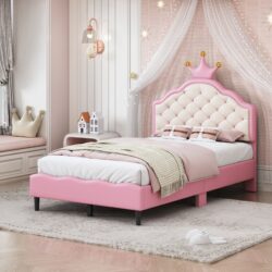 Twin Size Lovely Crown Fantasy Leather Princess Bed With Tufted Headboard - Pink / Cream