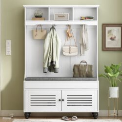 5 In 1 Entryway Bench With Shutter - Shaped Doors, Coat Rack, Cushion And 4 Sturdy Hooks, Wide Hall Tree With Storage Bench For Hallway, Entryway, Living Room - White