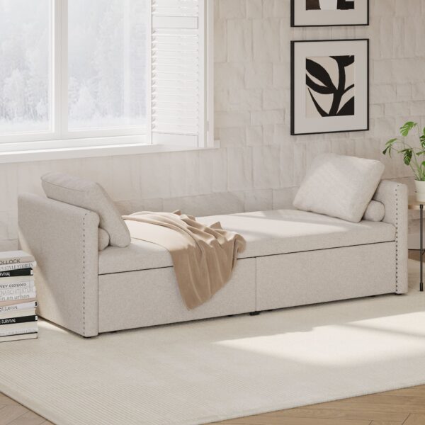 Modern Upholstered Chaise Lounger Daybed Small Single Daybed With 2 Drawers, No Mattress Needed, Perfect For Living Rooms & Home Office, Linen Fabric - Beige