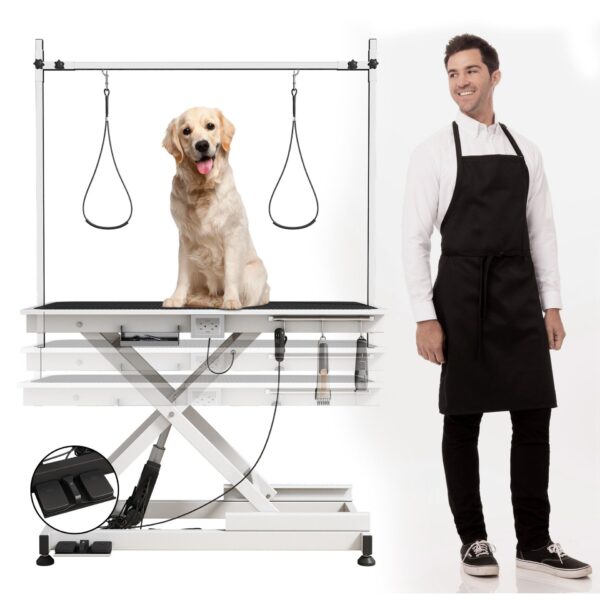 Super Deluxe Electric Pet Grooming Table, 110V / 220V Professional Groomer Recommend Adjustable Height From 9.4" To 39.37" - Black / White