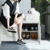 Shoe Storage Bench Cabinet With Fireproof Cushion, Double Doors And Movable Drawer For Door Entrance - White - Image 10