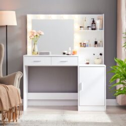 Vanity Desk With Mirror And Lights, 46.4In Dressing Table With 2 Large Drawer & Large Vertical Organizer, 3 Level Dresser & 3 Lighting Modes Adjustable Brightness, Suitable For Bedroom - White