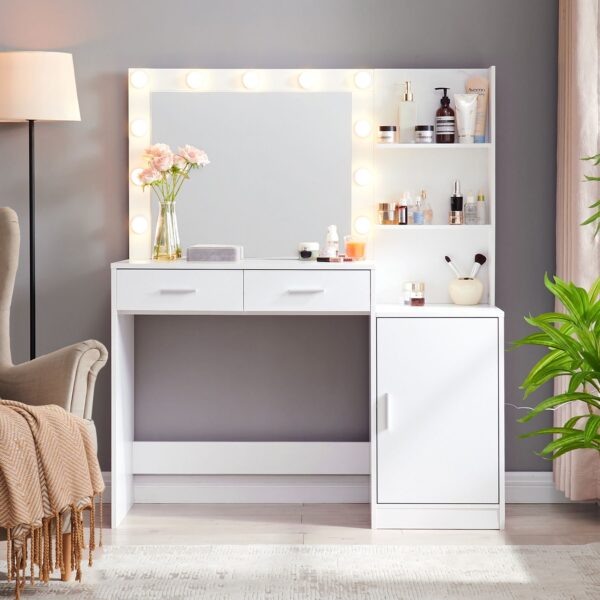 Vanity Desk With Mirror And Lights, 46.4In Dressing Table With 2 Large Drawer & Large Vertical Organizer, 3 Level Dresser & 3 Lighting Modes Adjustable Brightness, Suitable For Bedroom - White