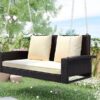 2 Person Wicker Hanging Porch Swing With Chains, Cushion, Pillow, Rattan Swing Bench For Garden, Backyard - Brown / Beige - Image 9