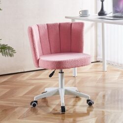 Home Office Chair, Fluffy Fuzzy Comfortable Makeup Vanity Chair, Swivel Desk Chair Height Adjustable Dressing Chair For Bedroom - Pink / White