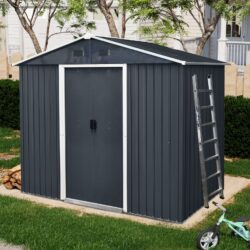 8Ft X 4Ft Outdoor Metal Storage Shed With Sliding Door And Foundation For Backyard, Patio, Lawn - Black / White