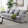 4 Seater Modern Linen Sofa With Armrest Pockets And 4 Pillows, Minimalist Style Couch - Light Gray - Image 16