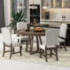 5 Piece Retro Functional Dining Set, Round Table With Leaf And 4 Upholstered Chairs For Dining Room And Living Room - Walnut - Image 2