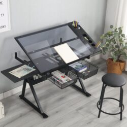 Adjustable Tempered Glass Drafting Printing Table With Chair - Black